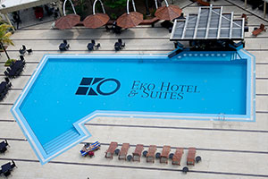 Resort swimming pool with lounge chairs